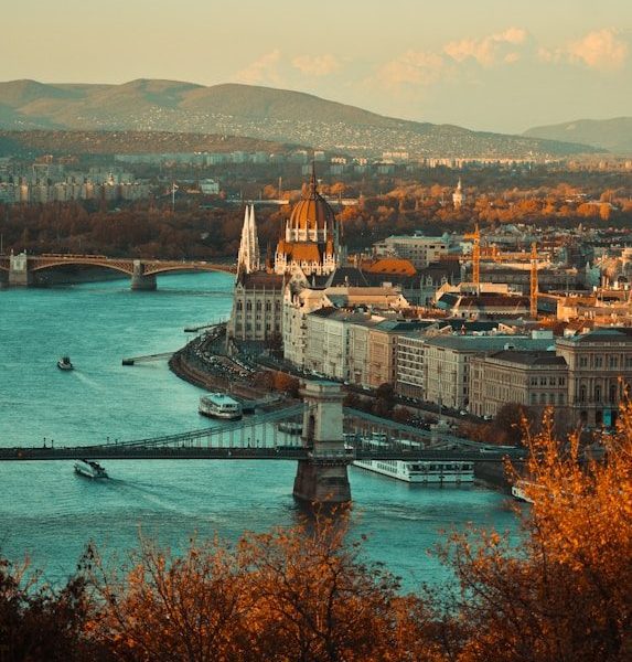 The Hungarian Parliament Building and Chain Bridge on the Danube River in Budapest