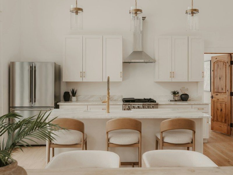 Modern white kitchen with stainless steel appliances and island