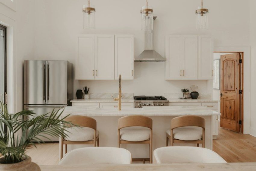 Modern white kitchen with stainless steel appliances and island
